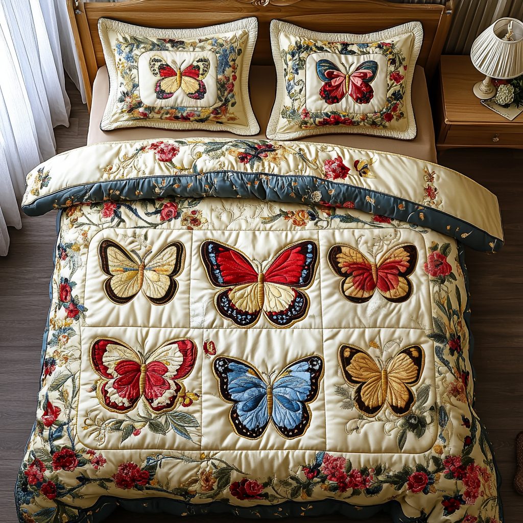 Velvet Wings quilted 3-piece bedding set on a made bed with two matching pillow shams