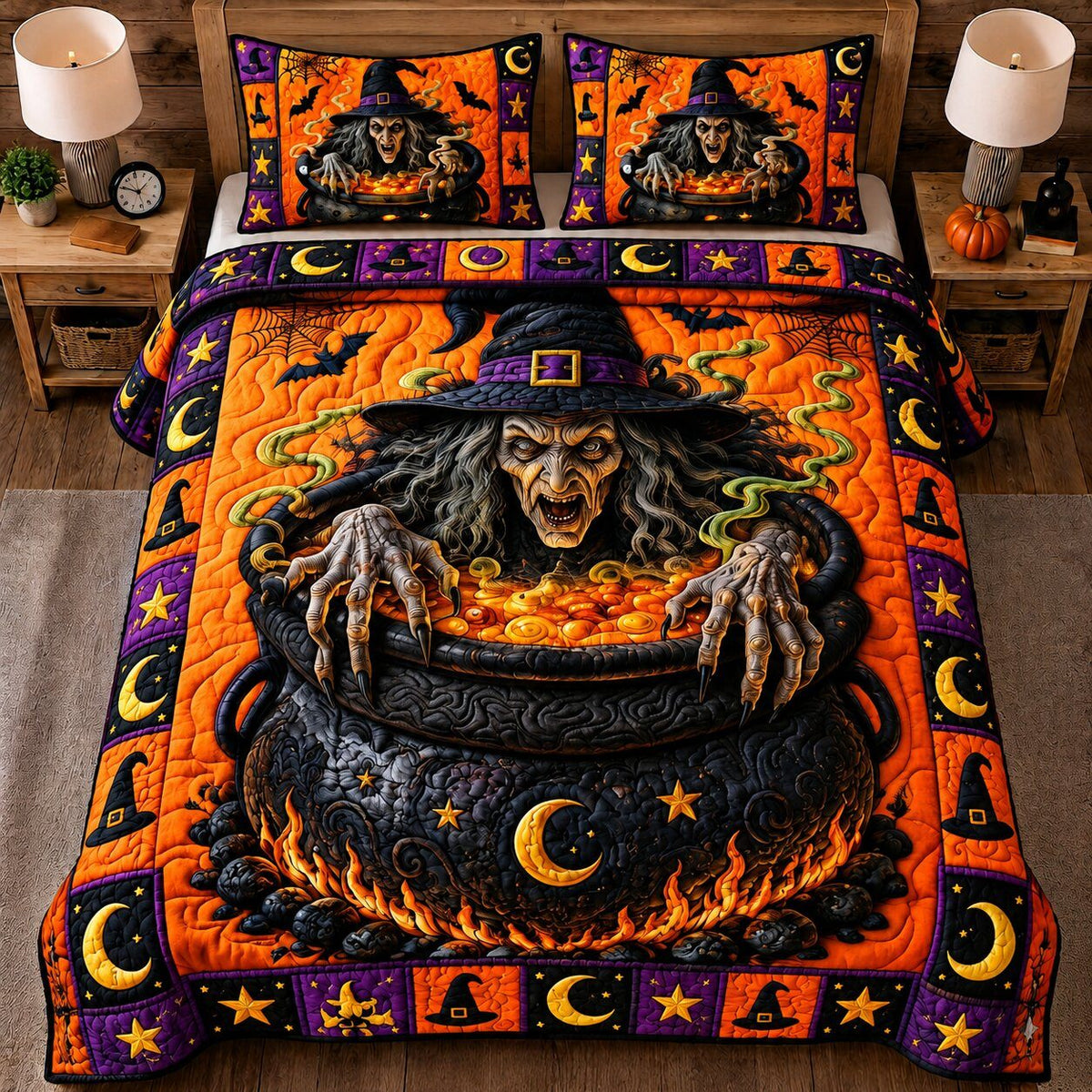Velvet Witch quilted 3-piece bedding set on a made bed against a dark styled interior