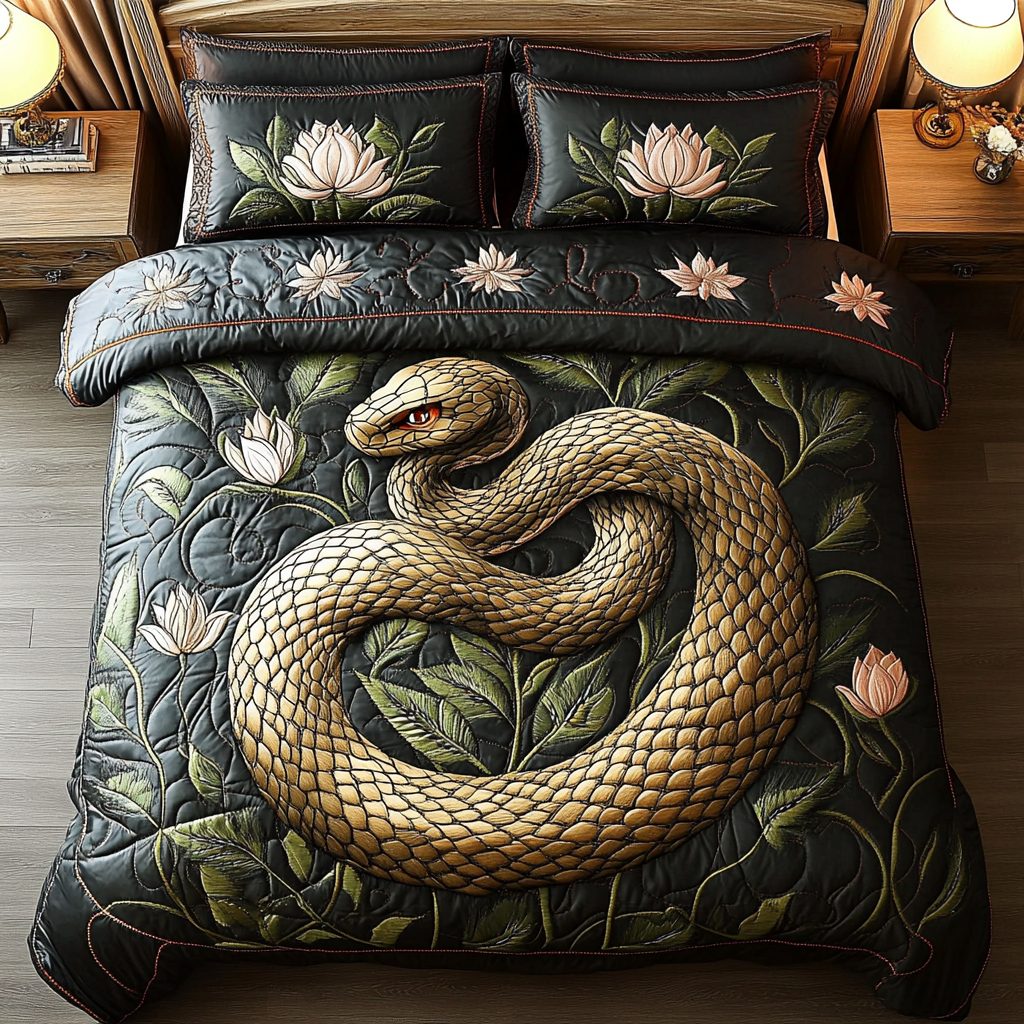 Venom Vibes quilted 3-piece bedding set on a made bed with two matching pillow shams