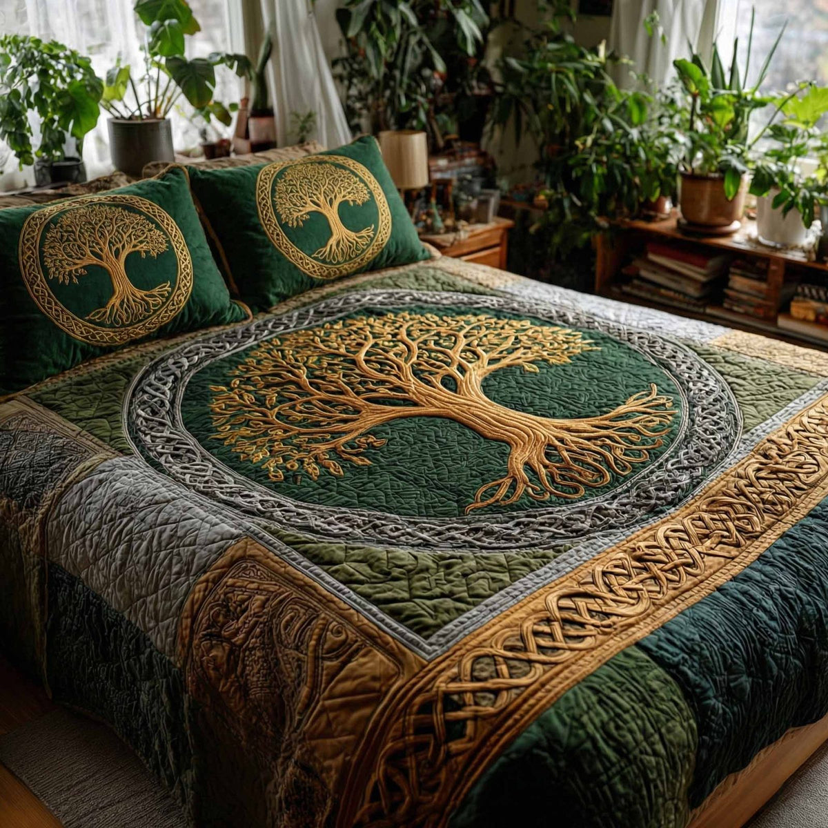 Verdant Circle quilted 3-piece bedding set on a made bed with two matching pillow shams