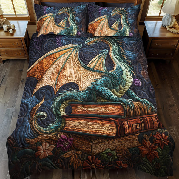 Verdant Dragonheart quilted 3-piece bedding set on a made bed with two matching pillow shams