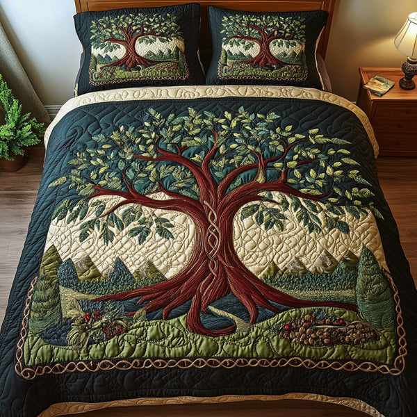 Verdant Dreams quilted 3-piece bedding set on a made bed with two matching pillow shams