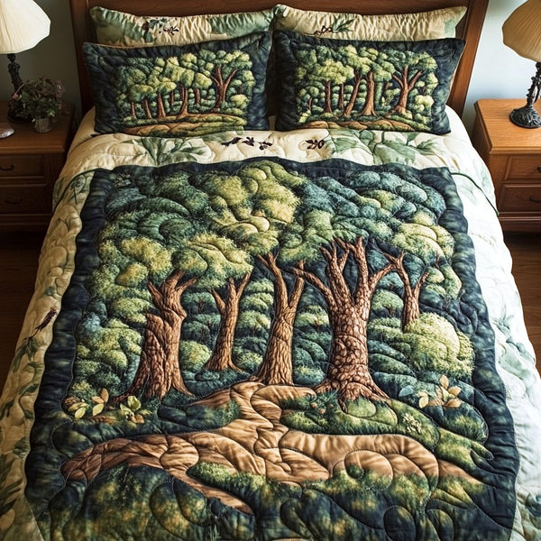 Verdant Haven quilted 3-piece bedding set on a made bed with two matching pillow shams