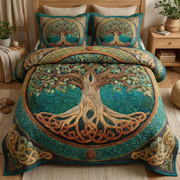 Verdant Knot quilted 3-piece bedding set on a made bed with two matching pillow shams