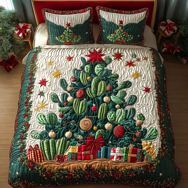 Verdant Succulents quilted 3-piece bedding set on a made bed with two matching pillow shams
