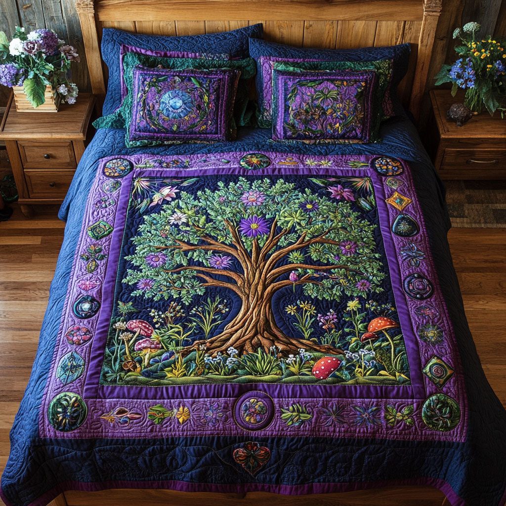 Verdant Wisdom quilted 3-piece bedding set on a made bed with two matching pillow shams