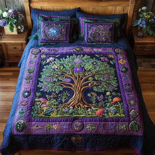 Verdant Wisdom quilted 3-piece bedding set on a made bed with two matching pillow shams