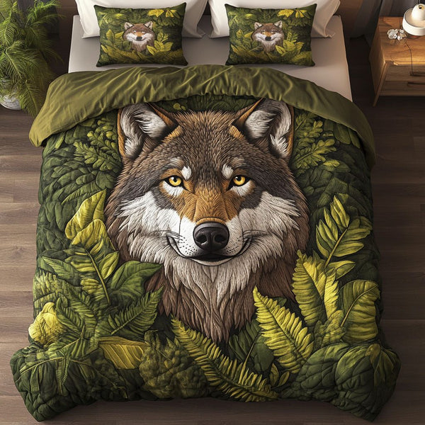 Verdant Wolf quilted 3-piece bedding set on a made bed with two matching pillow shams