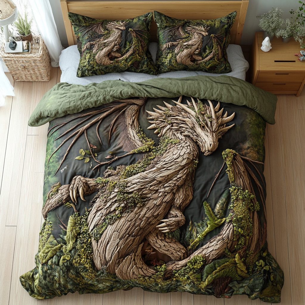 Verdant Wyrm quilted 3-piece bedding set on a made bed with two matching pillow shams