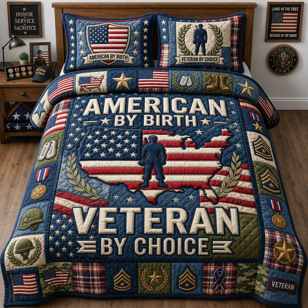 Veteran By Choice quilted 3-piece bedding set on a made bed in a warmly lit bedroom