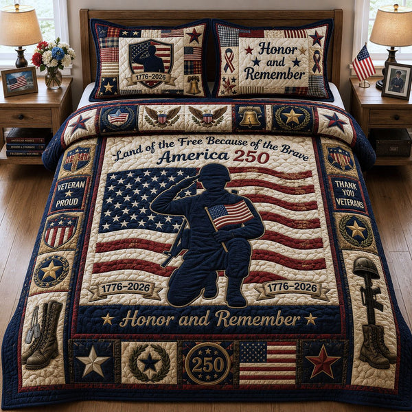 Veteran Pride quilted 3-piece bedding set on a made bed in a warmly lit bedroom