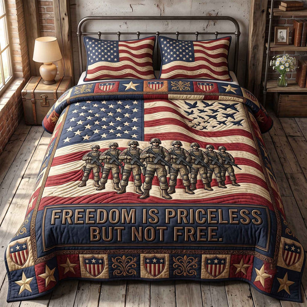 Veteran Pride quilted 3-piece bedding set on a made bed in a warmly lit bedroom