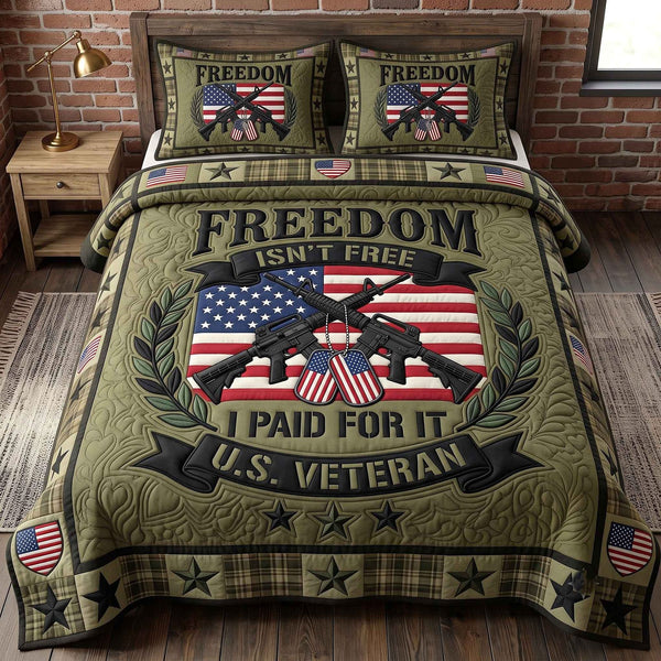 Veteran Pride quilted 3-piece bedding set on a made bed in a warmly lit bedroom