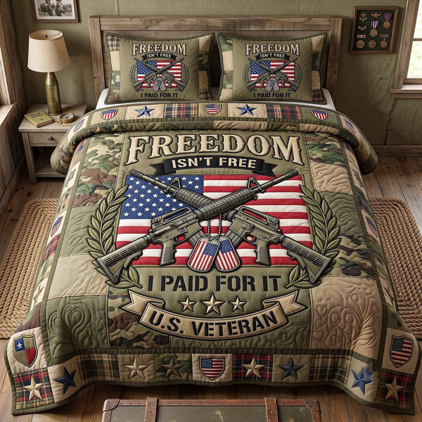 Veteran Pride quilted 3-piece bedding set on a made bed in a warmly lit bedroom
