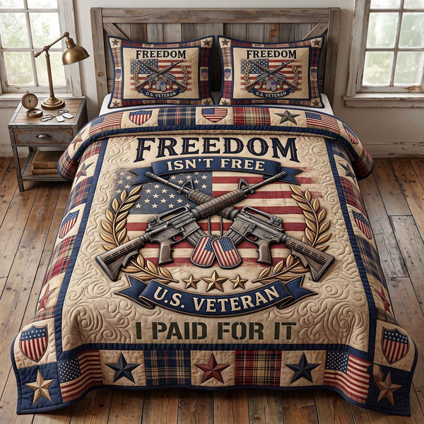 Veteran Pride quilted 3-piece bedding set on a made bed in a warmly lit bedroom