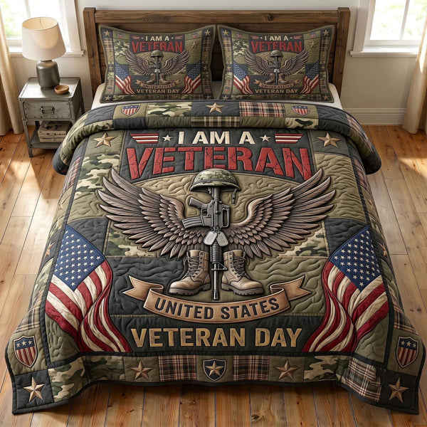Veteran Pride quilted 3-piece bedding set on a made bed in a warmly lit bedroom
