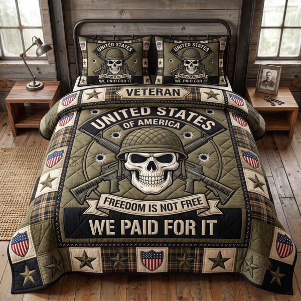 Veteran Pride quilted 3-piece bedding set on a made bed in a warmly lit bedroom