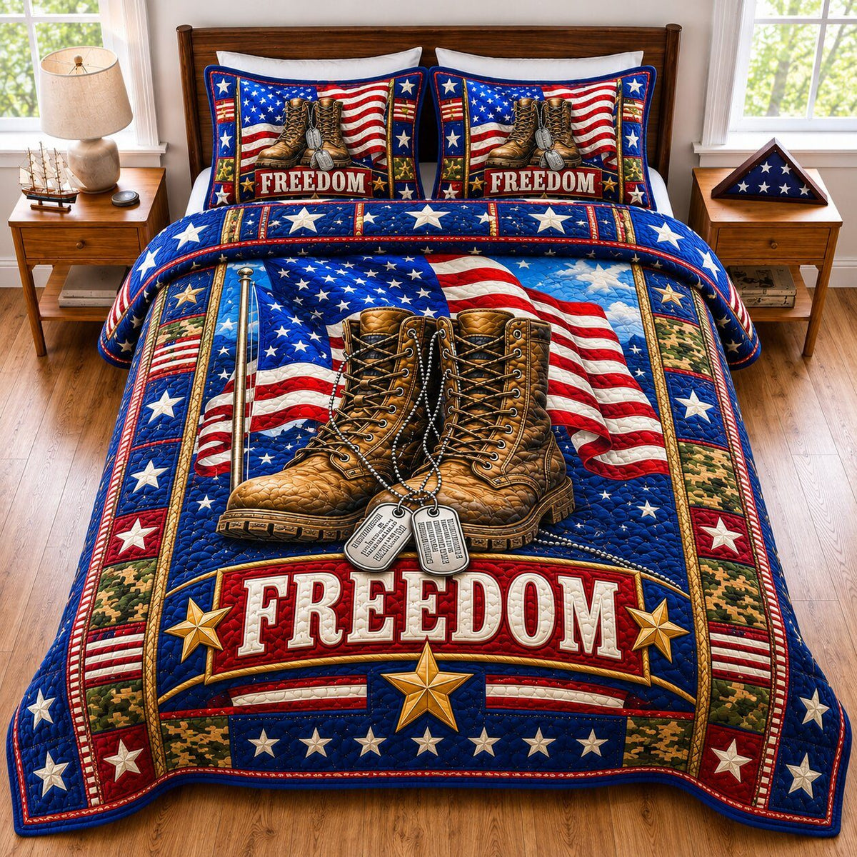 Veterans Brave Heart quilted 3-piece bedding set on a made bed in a warmly lit bedroom