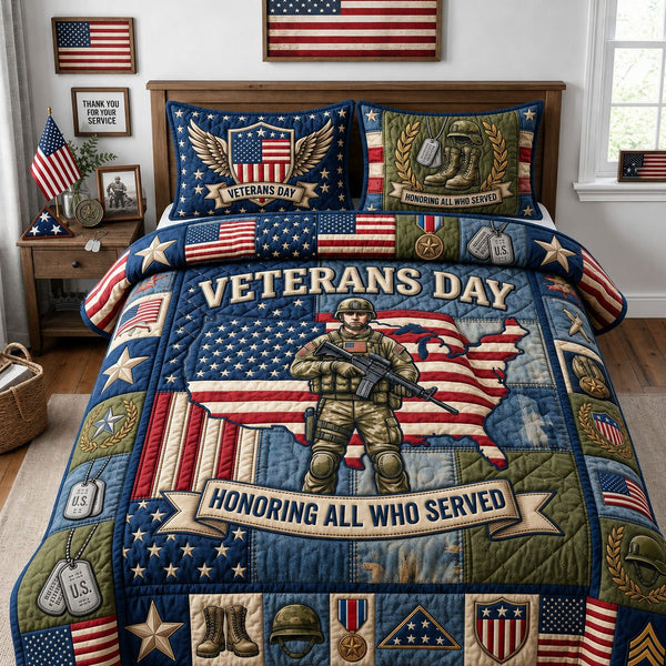 Veterans Day quilted 3-piece bedding set on a made bed in a warmly lit bedroom