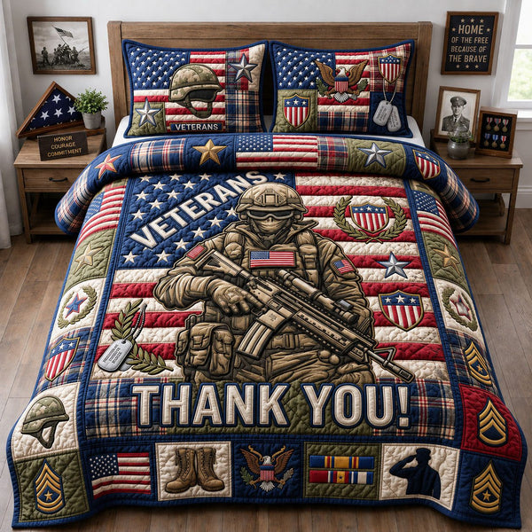 Veterans Thank You quilted 3-piece bedding set on a made bed in a warmly lit bedroom