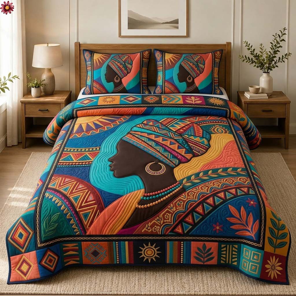 Vibrant Afro Muse quilted 3-piece bedding set on a made bed with two matching pillow shams