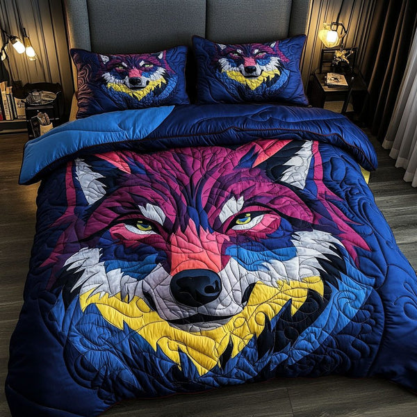 Vibrant Alpha quilted 3-piece bedding set on a made bed with two matching pillow shams