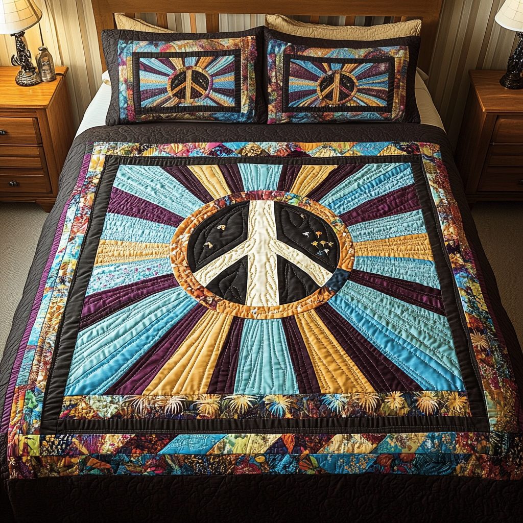 Vibrant Bliss quilted 3-piece bedding set on a made bed with two matching pillow shams