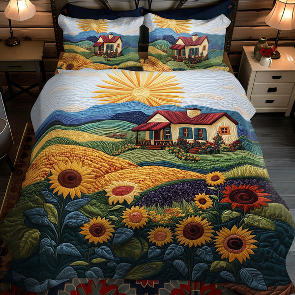 Vibrant Bloom quilted 3-piece bedding set on a made bed with two matching pillow shams