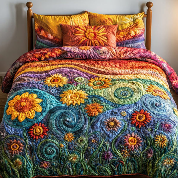 Vibrant Blooms quilted 3-piece bedding set on a made bed with two matching pillow shams
