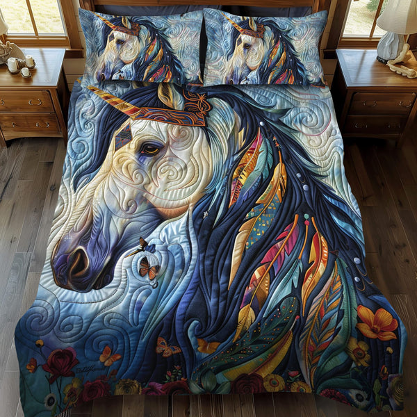 Vibrant Blue Horse quilted 3-piece bedding set on a made bed in a rustic timber bedroom