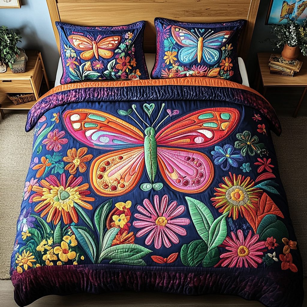 Vibrant Butterflies quilted 3-piece bedding set on a made bed with two matching pillow shams