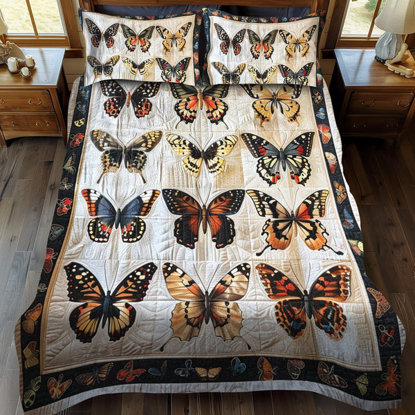 Vibrant Butterflies quilted 3-piece bedding set on a made bed with two matching pillow shams
