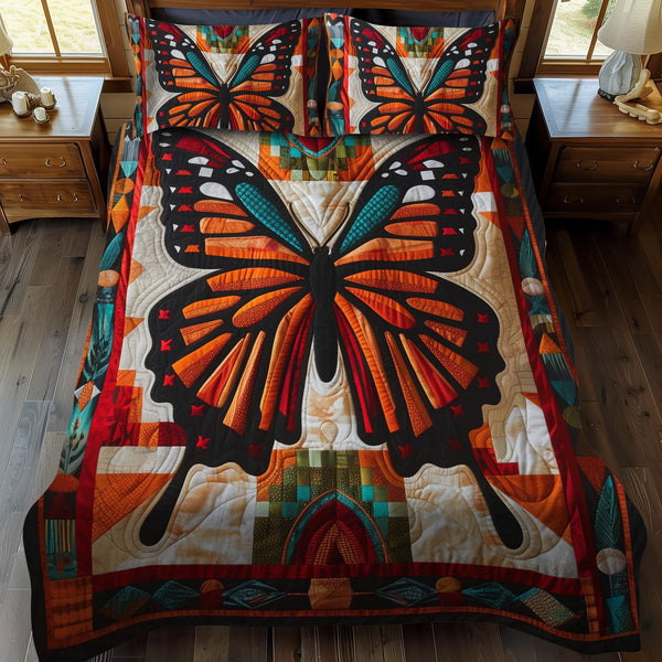 Vibrant Butterfly quilted 3-piece bedding set on a made bed with two matching pillow shams