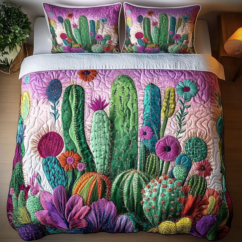 Vibrant Cactus quilted 3-piece bedding set on a made bed with two matching pillow shams
