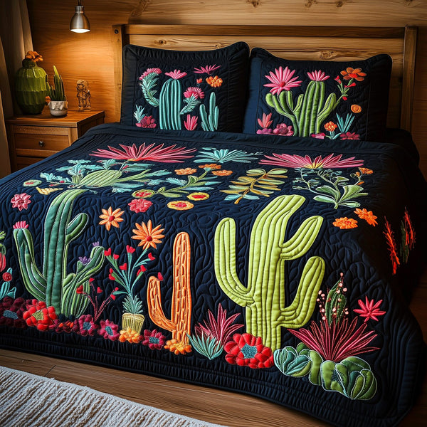 Vibrant Cactus quilted 3-piece bedding set on a made bed with two matching pillow shams