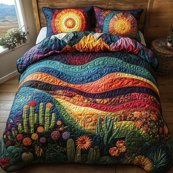 Vibrant Cactus Village quilted 3-piece bedding set on a made bed with two matching pillow shams