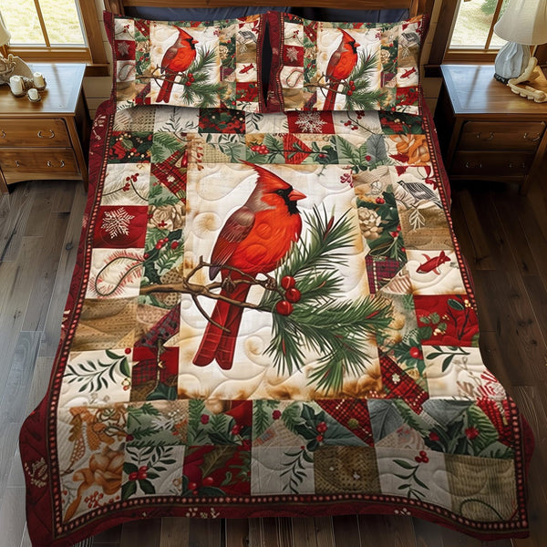 Vibrant Cardinal quilted 3-piece bedding set on a made bed with two matching pillow shams