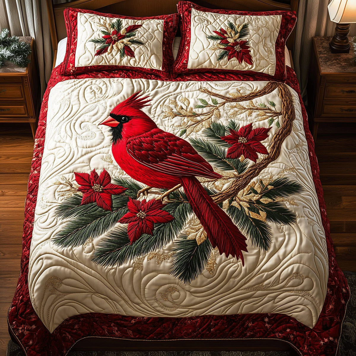 Vibrant Cardinal quilted 3-piece bedding set on a made bed with two matching pillow shams