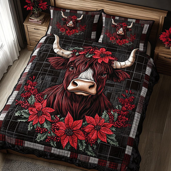 Vibrant Cow quilted 3-piece bedding set on a made bed with two matching pillow shams
