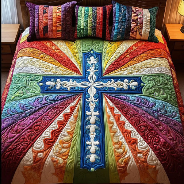 Vibrant Cross Pattern quilted 3-piece bedding set on a made bed in a softly lit bedroom