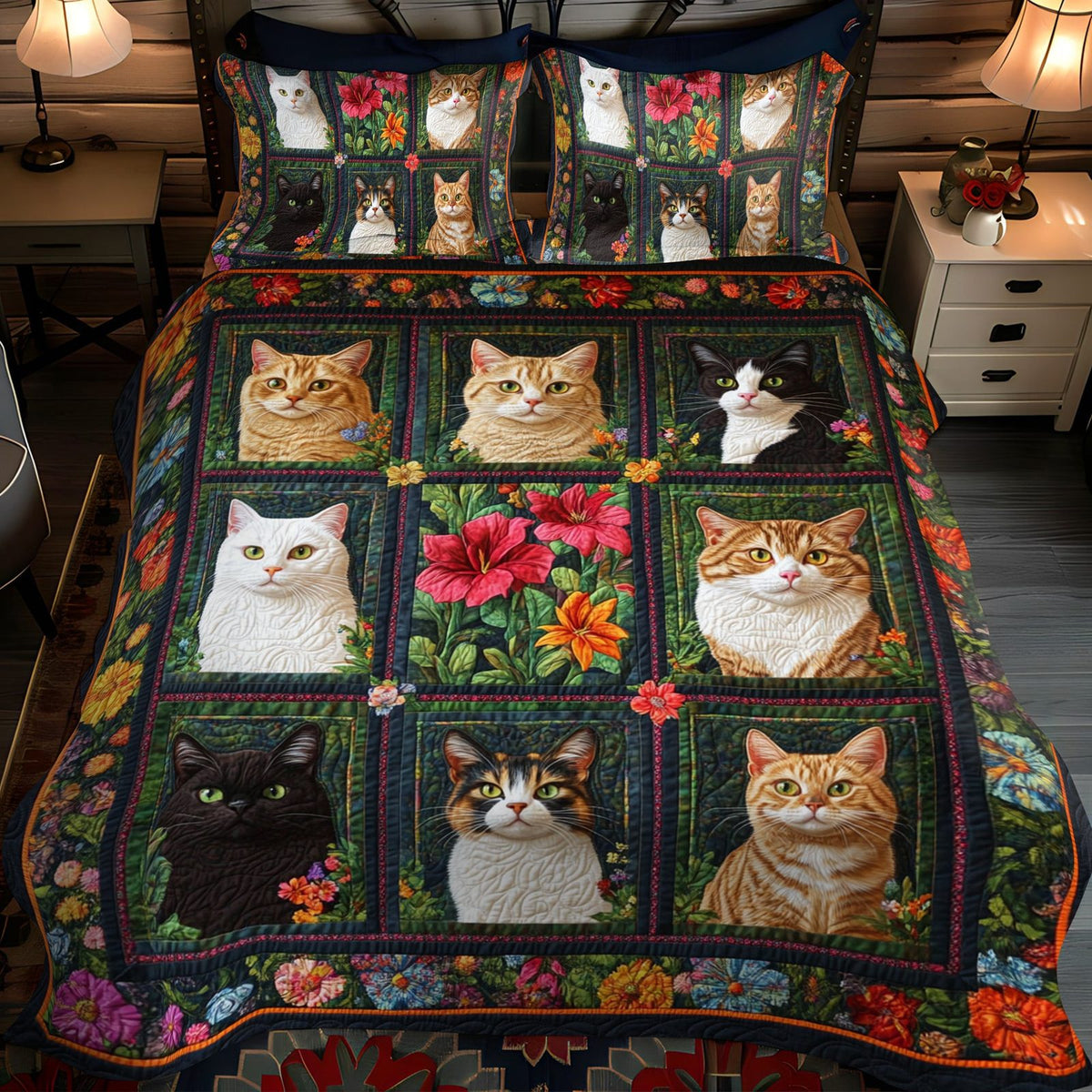 Vibrant Cute Cat quilted 3-piece bedding set on a made bed with two matching pillow shams