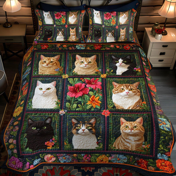 Vibrant Cute Cat quilted 3-piece bedding set on a made bed with two matching pillow shams