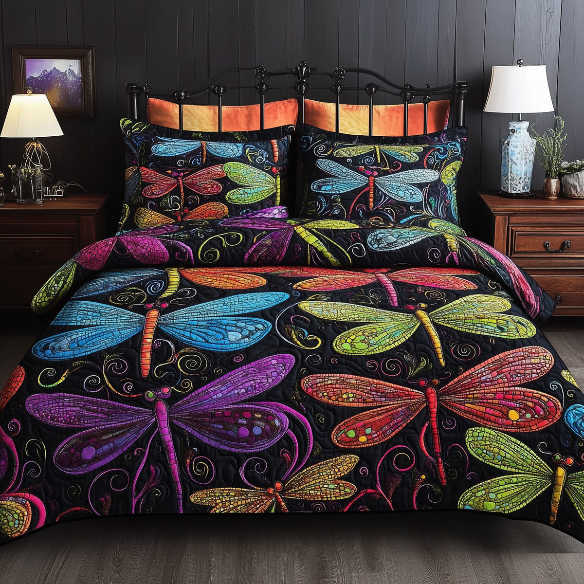 Vibrant Dragonfly quilted 3-piece bedding set on a made bed with two matching pillow shams