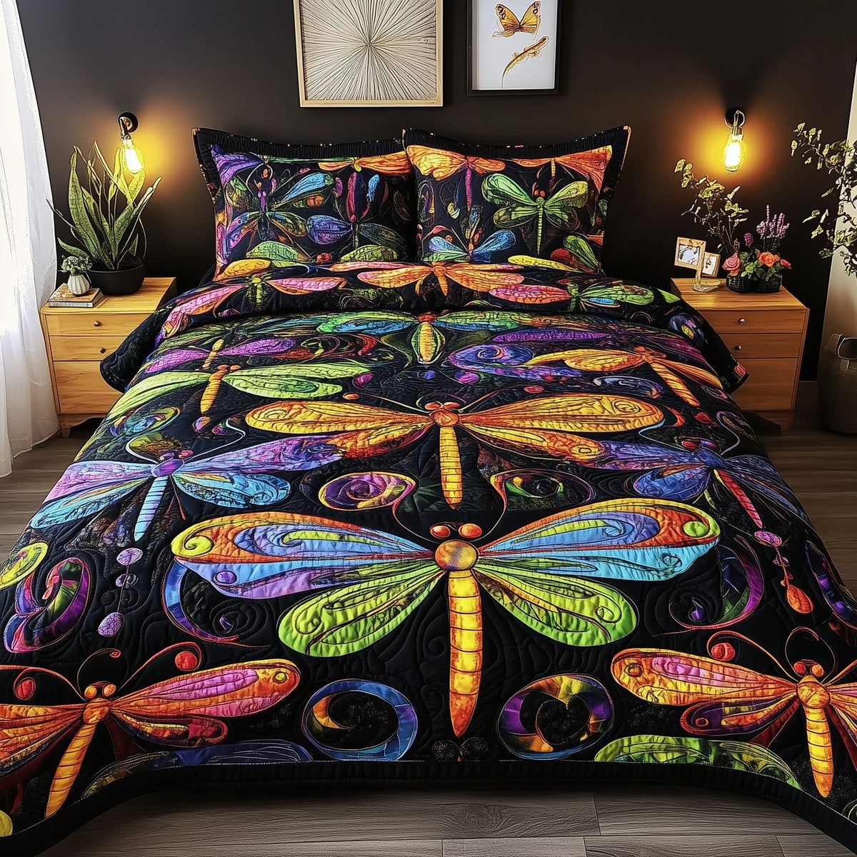 Vibrant Dragonfly quilted 3-piece bedding set on a made bed with two matching pillow shams