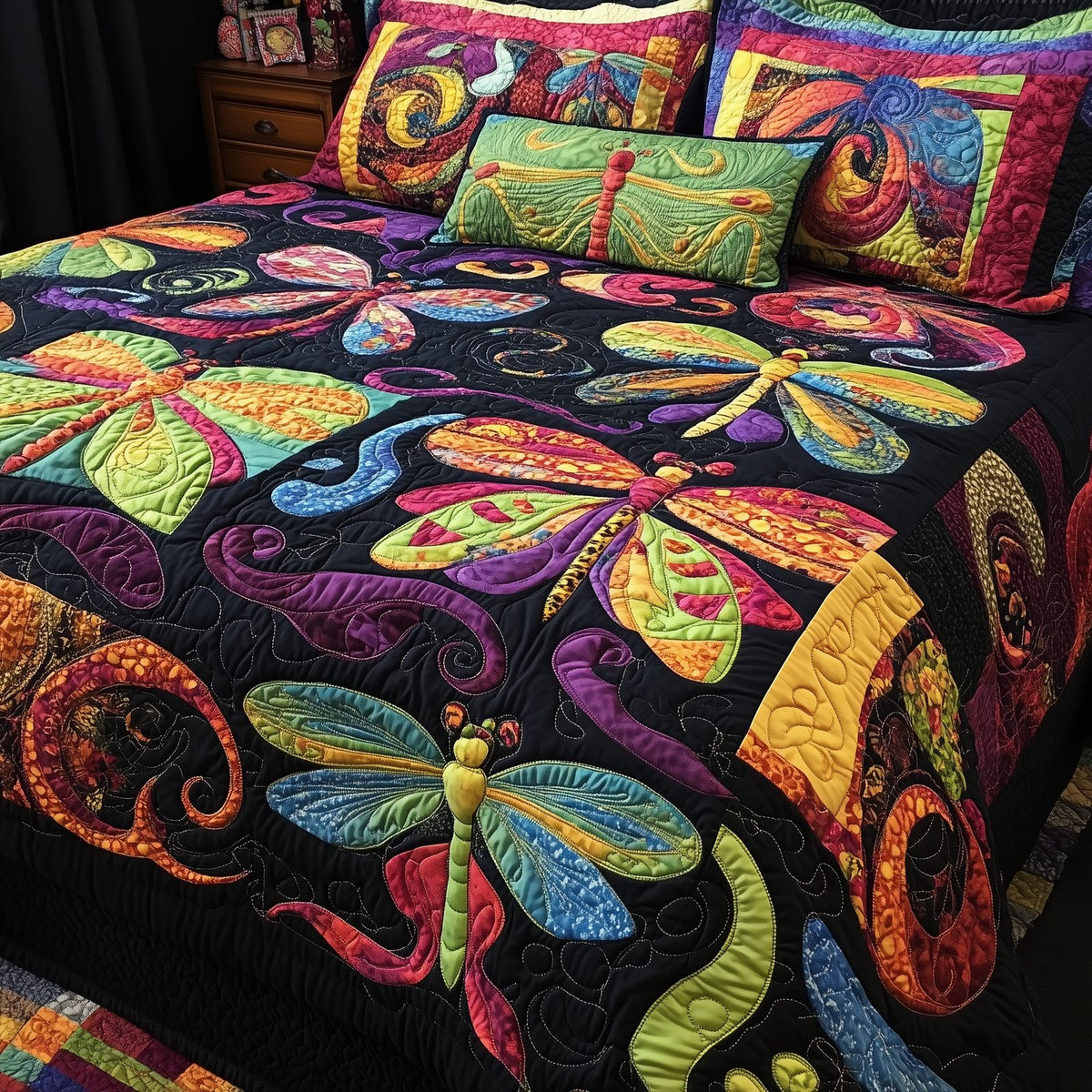 Vibrant Dragonfly quilted 3-piece bedding set on a made bed with two matching pillow shams