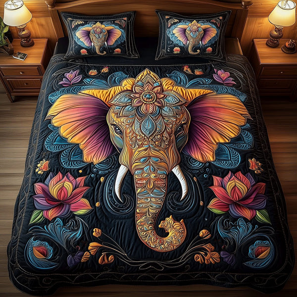 Vibrant Elephant Elegance quilted 3-piece bedding set on a made bed with two matching pillow shams