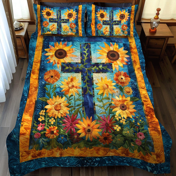 Vibrant Fields quilted 3-piece bedding set on a made bed with two matching pillow shams
