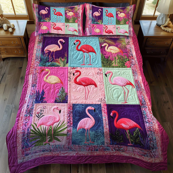 Vibrant Flamingo Tropics quilted 3-piece bedding set on a made bed with two matching pillow shams