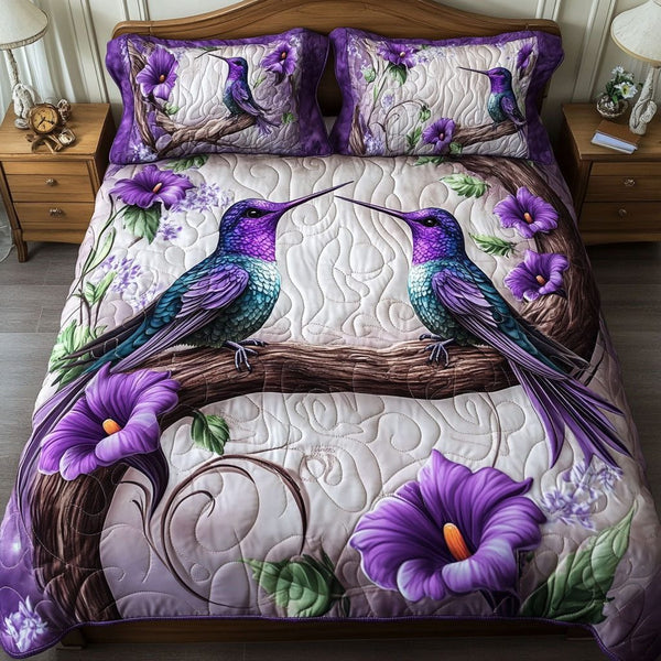 Vibrant Flight quilted 3-piece bedding set on a made bed with two matching pillow shams