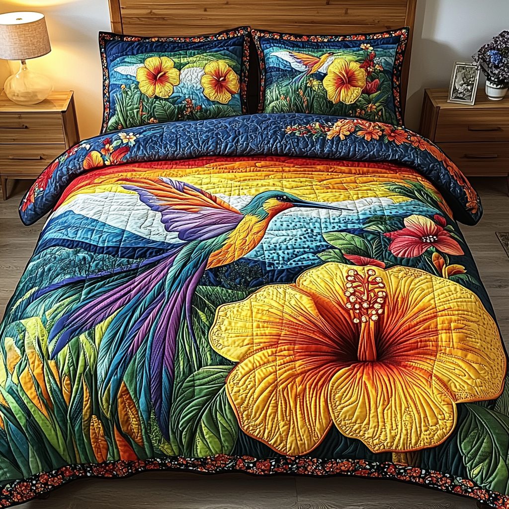 Vibrant Flight quilted 3-piece bedding set on a made bed with two matching pillow shams